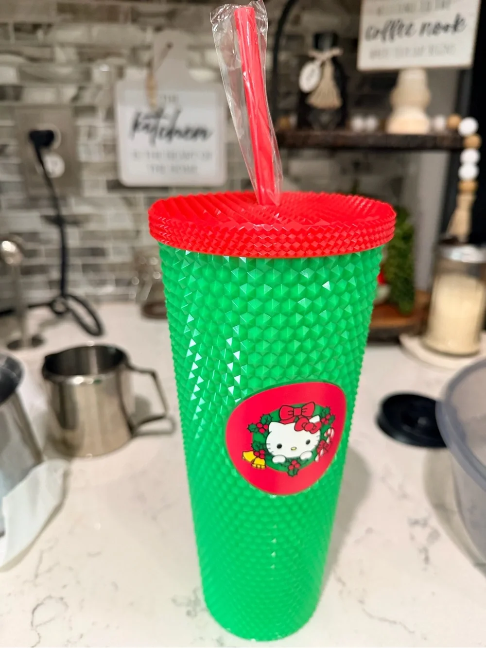 Starbucks Green Studded Tumbler with Red Lid and Straw